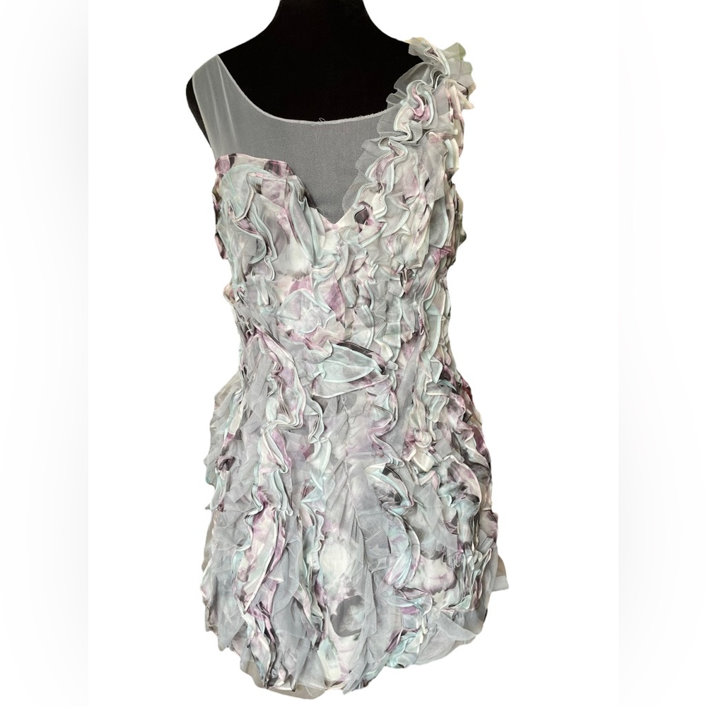 BCBGMAXAZRIA Eva Silk Agate Combo Ruffled Petal Illusion Neckline Luxury Dress